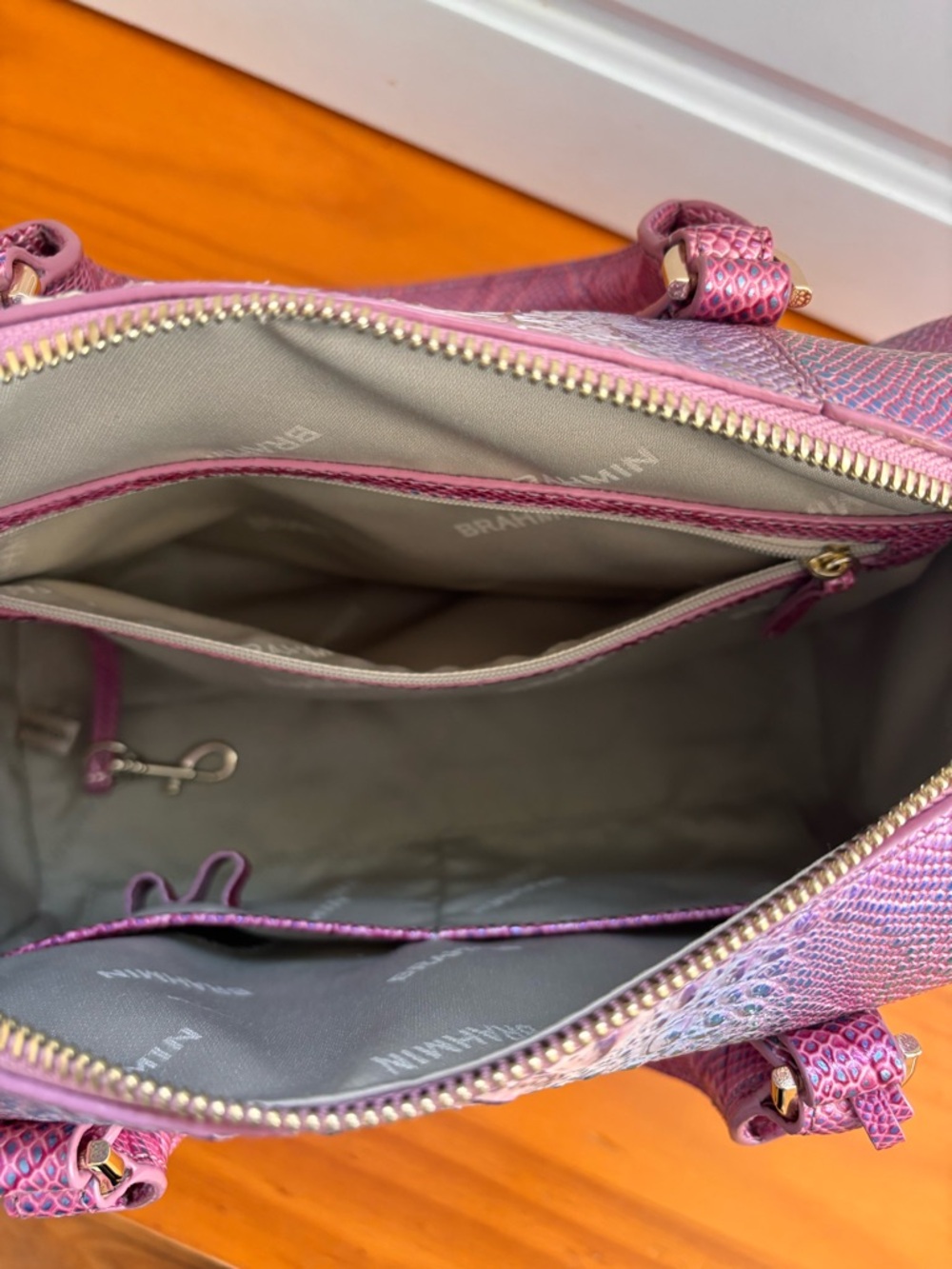 Brahmin Iridescent Pink Croc-Embossed Satchel - Picture 8 of 11